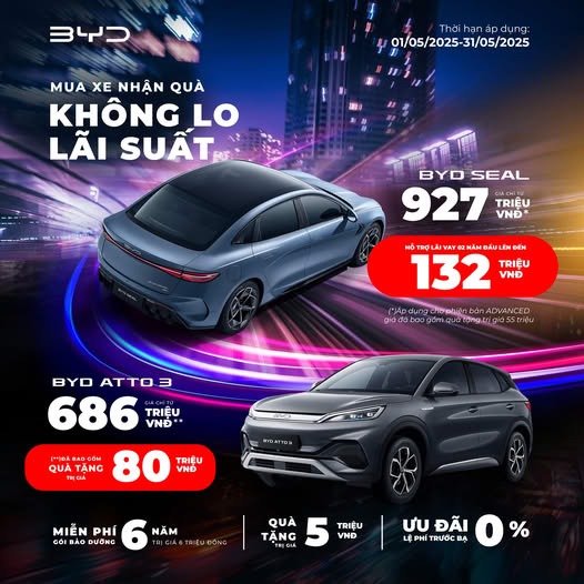 Ưu đãi mua xe điện BYD tháng 05/2025: MUA XE NHẬN QUÀ – KHÔNG LO LÃI SUẤT